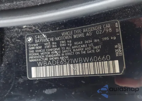 1998 BMW 540Ia from USA, damaged, VIN WBADE6321WBW60660